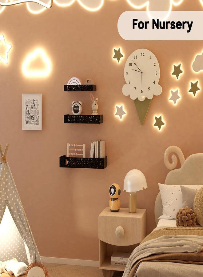 Serwrsw Moon and Stars Wall Shelves Black, Set of 3 Small Floating Shelves for Bedroom Living Room Wall Storage or Decor, Brown Board - Image 5